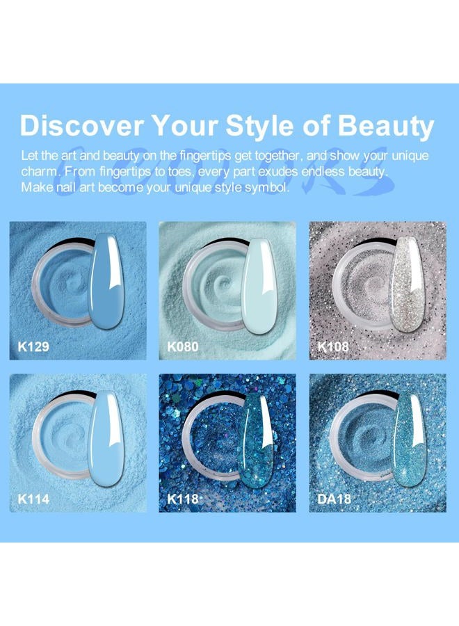 eodci 12 Pcs Dip Powder Nail Starter Kit, 6 Colors Glitter Blue Snow Dip Powder Kit with Base and Top Coat/Activator/Brush Saver, Nail Art Manicure Salon Diy for Daily At Home Regal - Image 2