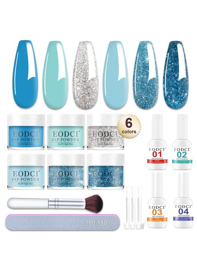 eodci 12 Pcs Dip Powder Nail Starter Kit, 6 Colors Glitter Blue Snow Dip Powder Kit with Base and Top Coat/Activator/Brush Saver, Nail Art Manicure Salon Diy for Daily At Home Regal - Image 1