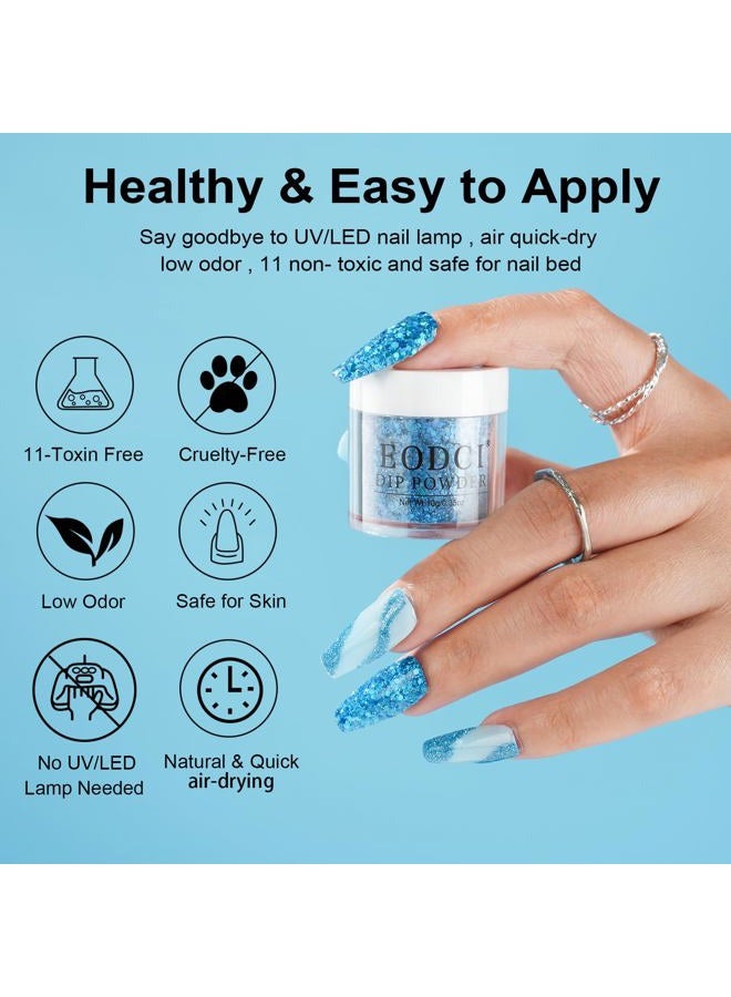 eodci 12 Pcs Dip Powder Nail Starter Kit, 6 Colors Glitter Blue Snow Dip Powder Kit with Base and Top Coat/Activator/Brush Saver, Nail Art Manicure Salon Diy for Daily At Home Regal - Image 3