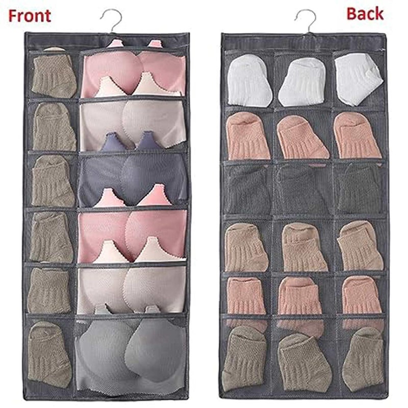 SYSTEMIZE Hanging Wardrobe Organizer with 30 Pockets and Hanger Wall Shelf Storage Organizers for Storing Stocking Bra Socks Travel Accessories Dual Side Non Woven Grey Set of 1 - Image 5