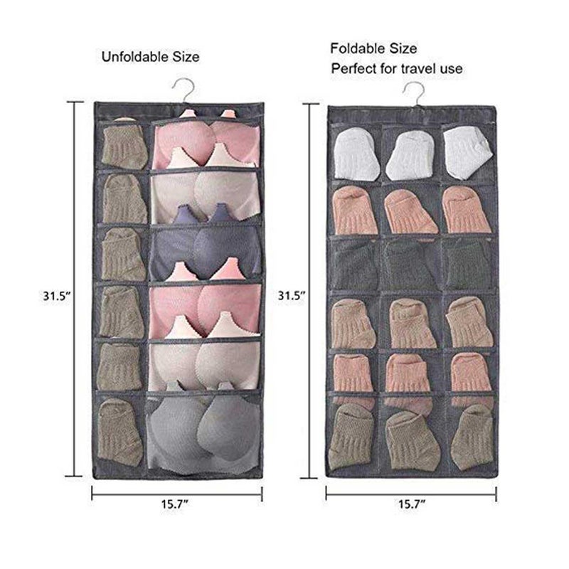 SYSTEMIZE Hanging Wardrobe Organizer with 30 Pockets and Hanger Wall Shelf Storage Organizers for Storing Stocking Bra Socks Travel Accessories Dual Side Non Woven Grey Set of 1 - Image 2