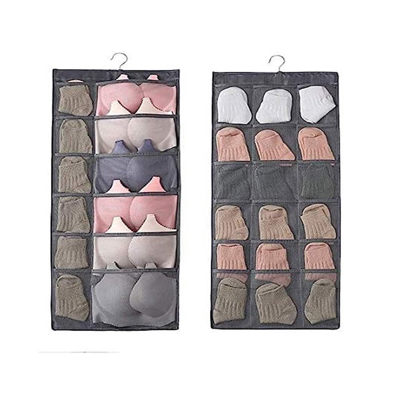 SYSTEMIZE Hanging Wardrobe Organizer with 30 Pockets and Hanger Wall Shelf Storage Organizers for Storing Stocking Bra Socks Travel Accessories Dual Side Non Woven Grey Set of 1 - Image 1