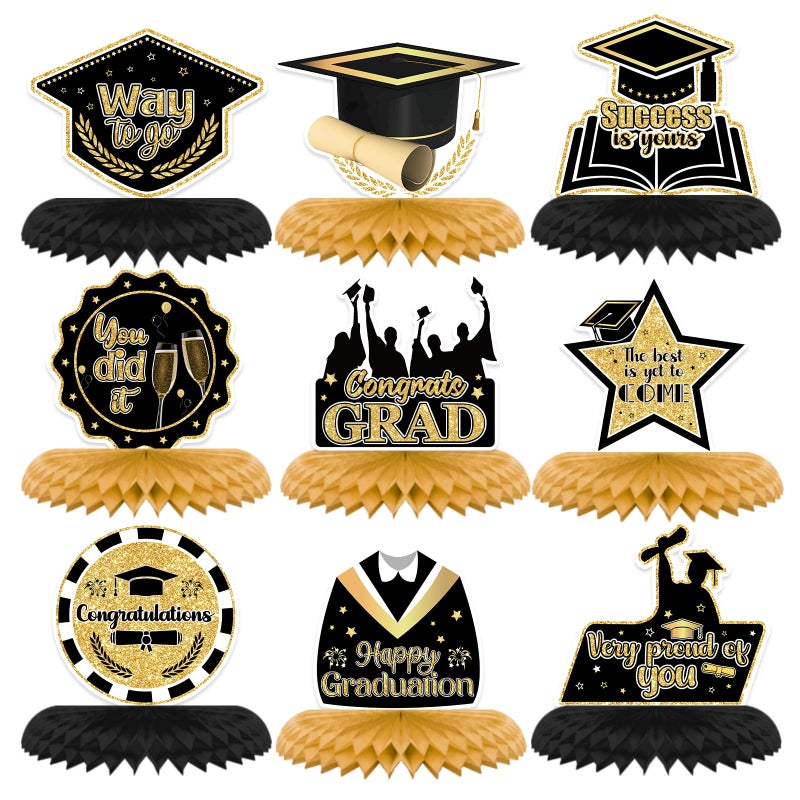 UNIIDECO 9PCS Graduation Party Decorations Class of 2025 Congrats Grad Table Centerpiece Congratulate Graduation Black and Gold Honeycomb Table Toppers for Graduation Party Supplies - Image 1