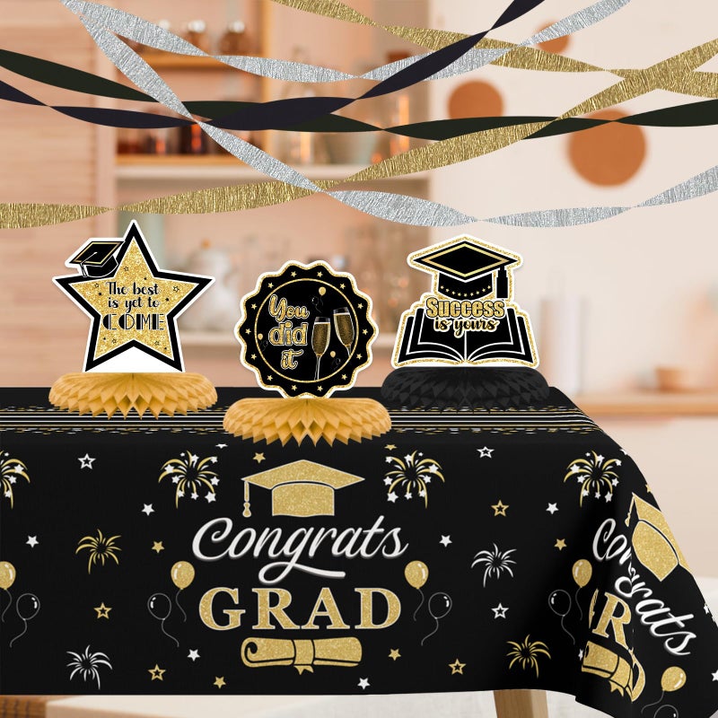 UNIIDECO 9PCS Graduation Party Decorations Class of 2025 Congrats Grad Table Centerpiece Congratulate Graduation Black and Gold Honeycomb Table Toppers for Graduation Party Supplies - Image 2
