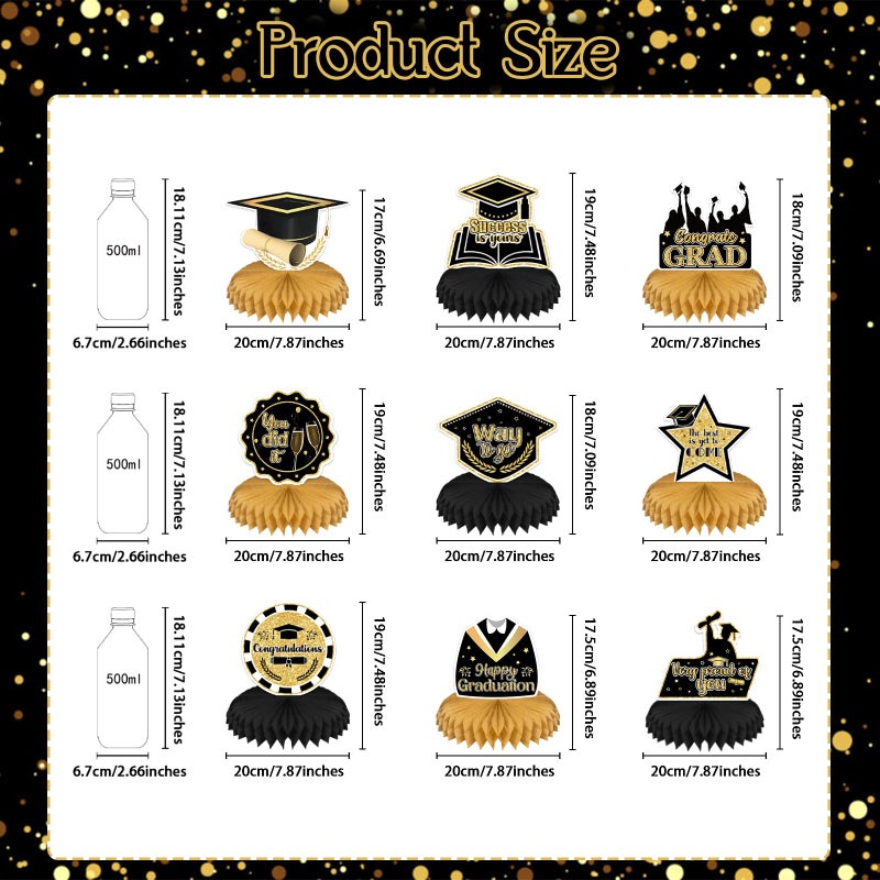 UNIIDECO 9PCS Graduation Party Decorations Class of 2025 Congrats Grad Table Centerpiece Congratulate Graduation Black and Gold Honeycomb Table Toppers for Graduation Party Supplies - Image 5