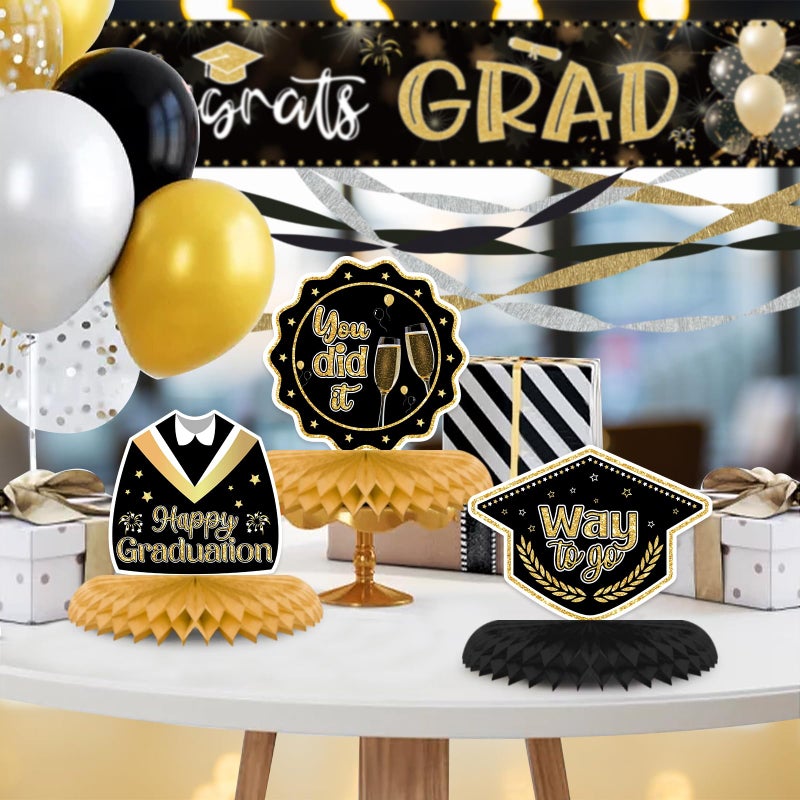 UNIIDECO 9PCS Graduation Party Decorations Class of 2025 Congrats Grad Table Centerpiece Congratulate Graduation Black and Gold Honeycomb Table Toppers for Graduation Party Supplies - Image 3