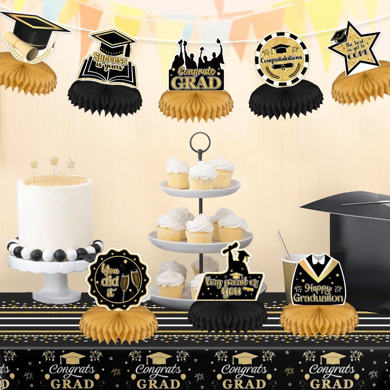 UNIIDECO 9PCS Graduation Party Decorations Class of 2025 Congrats Grad Table Centerpiece Congratulate Graduation Black and Gold Honeycomb Table Toppers for Graduation Party Supplies - Image 4