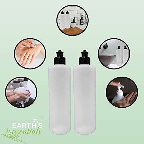 Earth's Essentials 2 Pack Refillable 16 Ounce HDPE Squeeze Bottles With Push/Pull Button Top Dispenser Caps-Great For Lotions, Shampoos, Conditioners and Massage Oils From Earth's Essentials (Black Cap) - Image 3