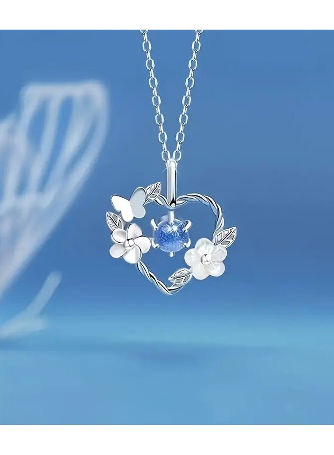 1pc, Elegant  Simply Style, Silvery Heart Shape With erfly And Flower Pendant Necklace, Inlaid Shiny Faux Diamond Necklace For Daily Wear  Party, Perfect Gift For Ladies - Image 1