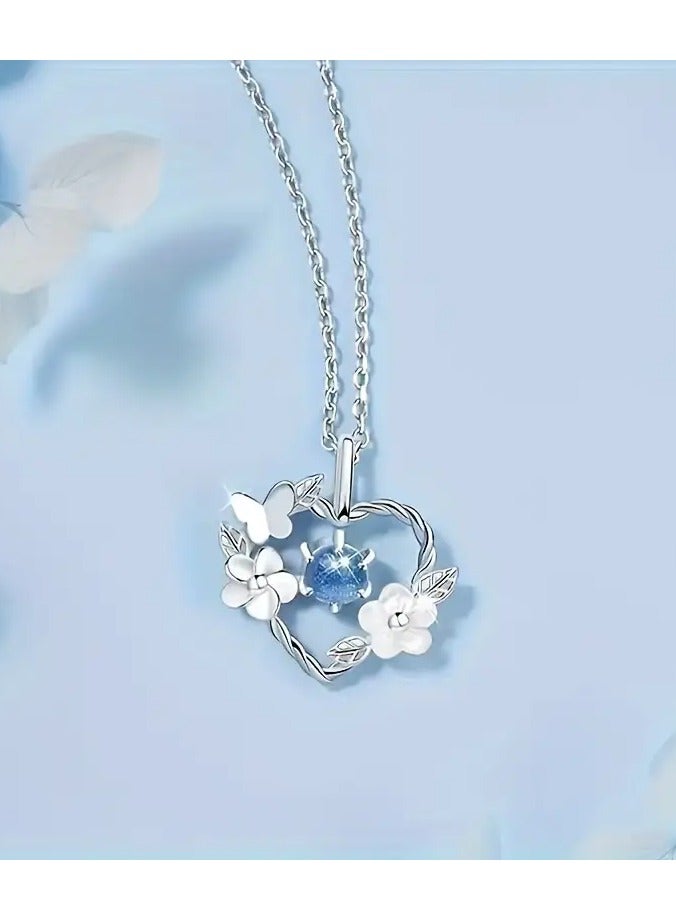 1pc, Elegant  Simply Style, Silvery Heart Shape With erfly And Flower Pendant Necklace, Inlaid Shiny Faux Diamond Necklace For Daily Wear  Party, Perfect Gift For Ladies - Image 2