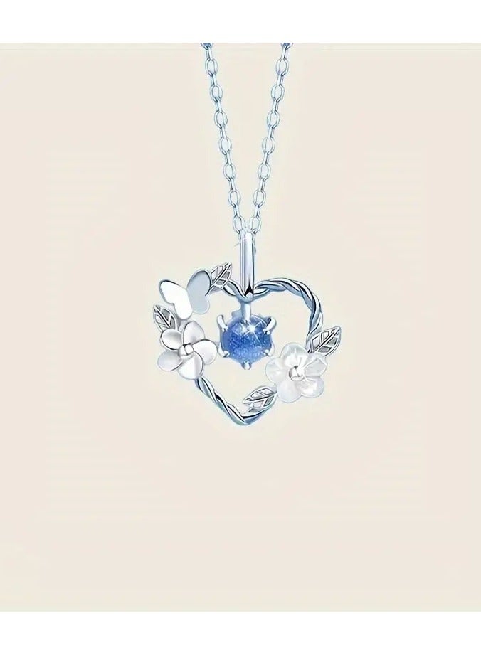 1pc, Elegant  Simply Style, Silvery Heart Shape With erfly And Flower Pendant Necklace, Inlaid Shiny Faux Diamond Necklace For Daily Wear  Party, Perfect Gift For Ladies - Image 4