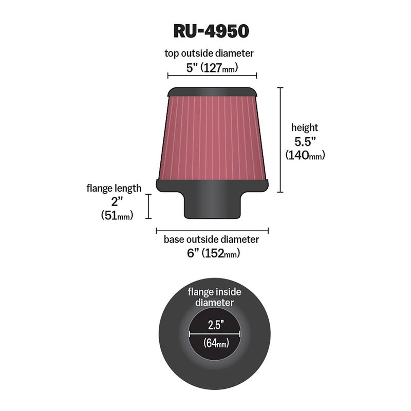K+N K&N Universal Clamp-On Air Intake Filter: High Performance, Premium, Washable, Replacement Filter: Flange Diameter: 2.5 In, Filter Height: 5.5 In, Flange Length: 2 In, Shape: Round Tapered, RU-4950  - Image 2