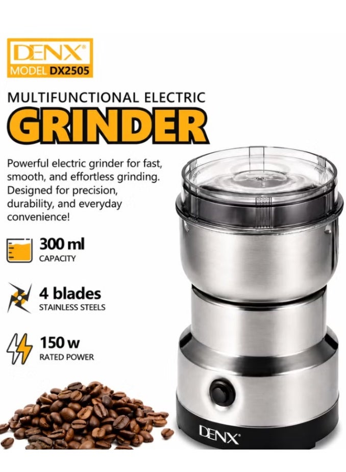 Denx DX2505 Multifunctional Electric Grinder 150W, 300ml Stainless Steel Coffee & Spice Grinder with 4 Blades, One-Touch Operation, Dry Food Grinder for Coffee Beans, Spices, Nuts, Seeds & Herbs - Image 1