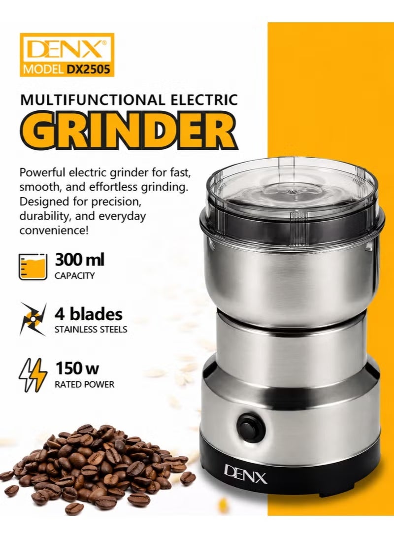 Denx DX2505 Multifunctional Electric Grinder 150W, 300ml Stainless Steel Coffee & Spice Grinder with 4 Blades, One-Touch Operation, Dry Food Grinder for Coffee Beans, Spices, Nuts, Seeds & Herbs - Image 2