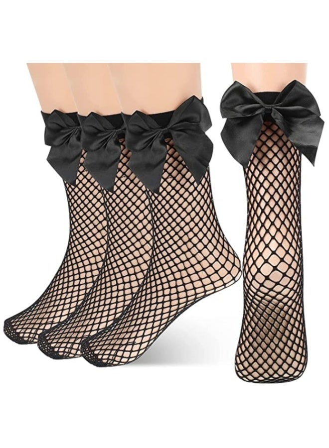 Fishnet Socks 4 Pairs Black Fishnet Ankle Socks Summer lovely Net Socks Fishnet Socks with Bow Women Short Fishnet Socks Velvet Mesh Short Stockings Princess Socks Fishnet Socks Socks - Image 1