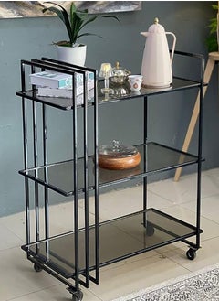 alimforyou Black Iron Brown Glass 3-Tier Serving Cart, Serving Cart with Wheels and Storage Shelves, for Dining Room and Living Room 80 x 40 x 95 cm 