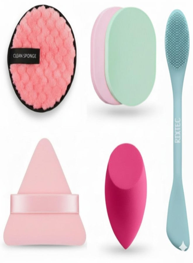 RIXTEC 5 in 1 Makeup Sponge Blender | Triangle Powder Puff | Makeup Remover Cleaning Pad | Silicone Face Srubber Brush | Makeup Cleaning Sponge (Combo of 06 Product) - Image 1