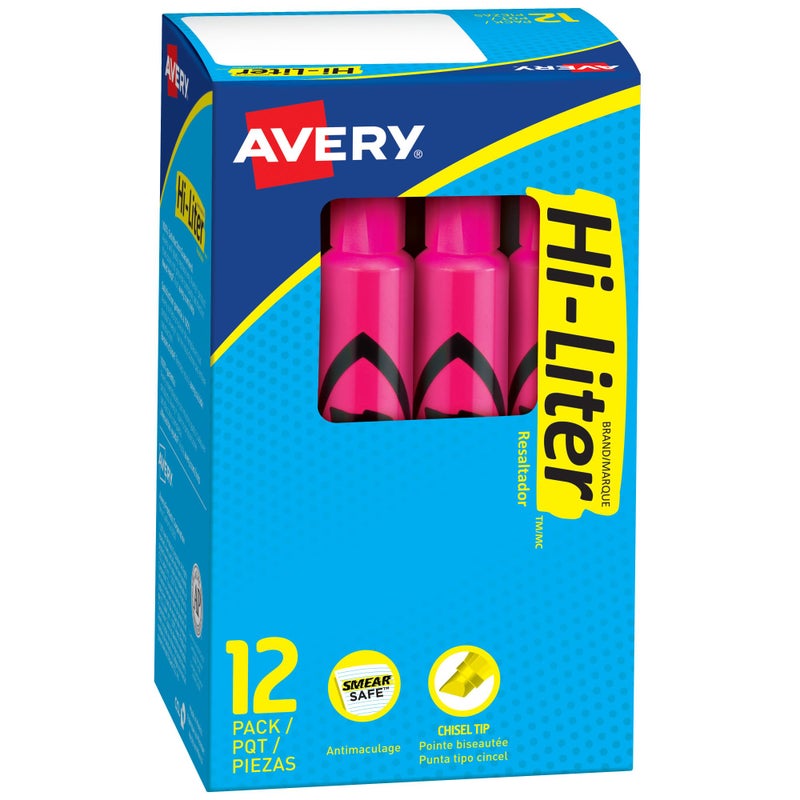 Avery Hi-Liter Desk-Style Highlighters, Smear Safe Ink, Chisel Tip, 12 Fluorescent Pink Highlighters (24010) - Image 1