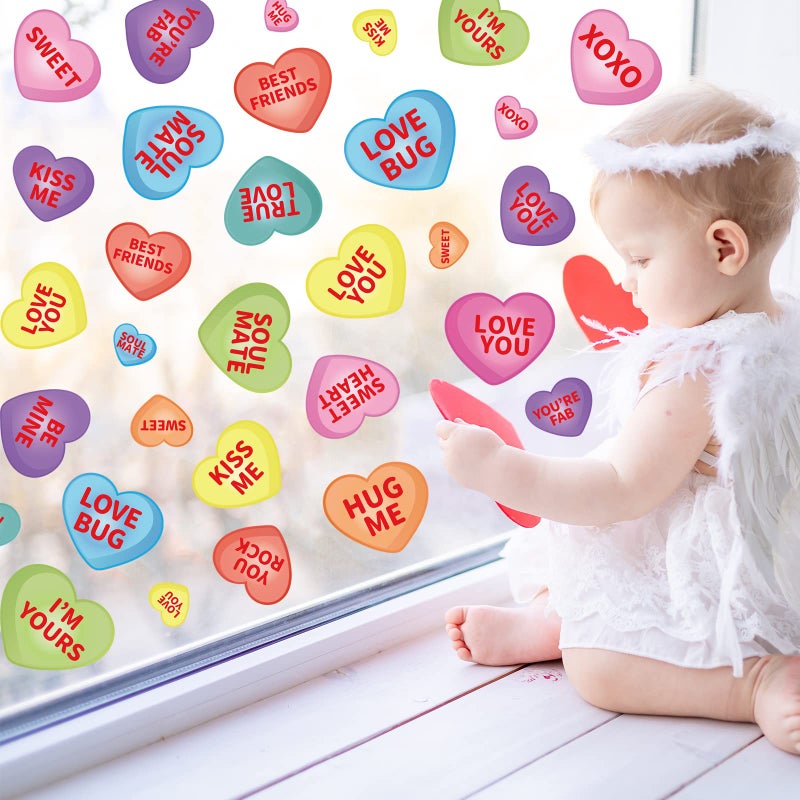 Whaline 9 Sheet Valentine's Day Window Clings Romantic Conversation Heart Window Decals Double-Sided Candy Heart Window Decor for Valentine's Day Home Office School Decor Party Supplies - Image 2