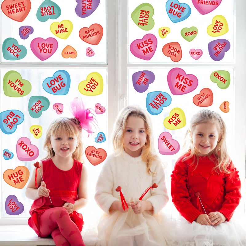Whaline 9 Sheet Valentine's Day Window Clings Romantic Conversation Heart Window Decals Double-Sided Candy Heart Window Decor for Valentine's Day Home Office School Decor Party Supplies - Image 4