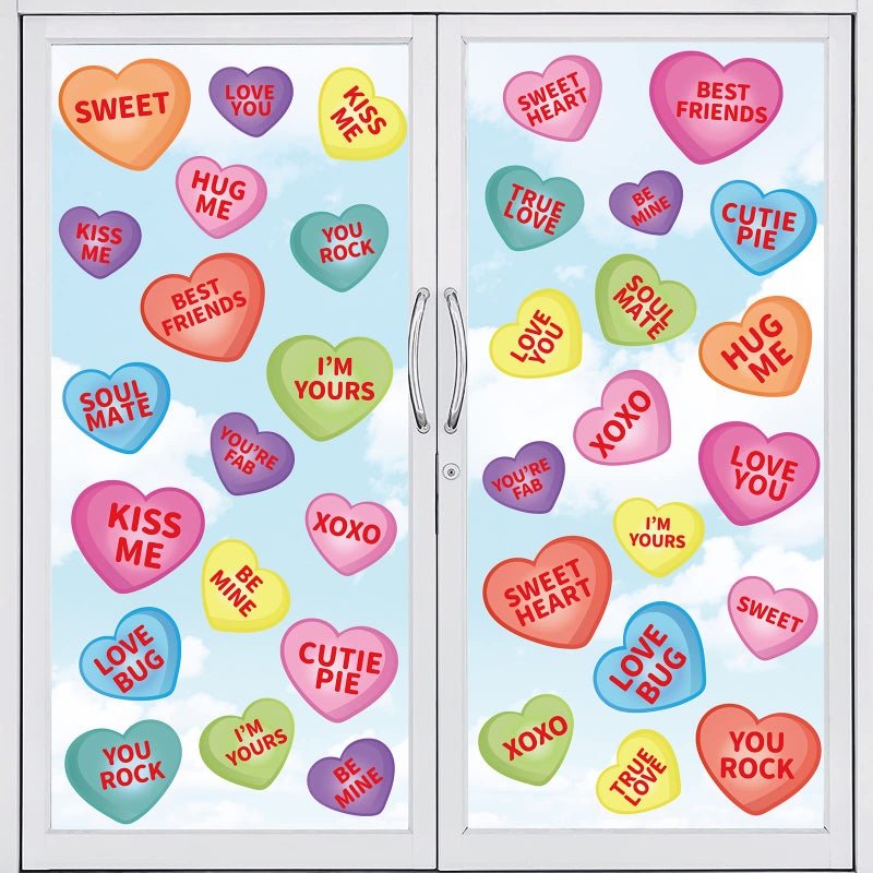 Whaline 9 Sheet Valentine's Day Window Clings Romantic Conversation Heart Window Decals Double-Sided Candy Heart Window Decor for Valentine's Day Home Office School Decor Party Supplies - Image 1