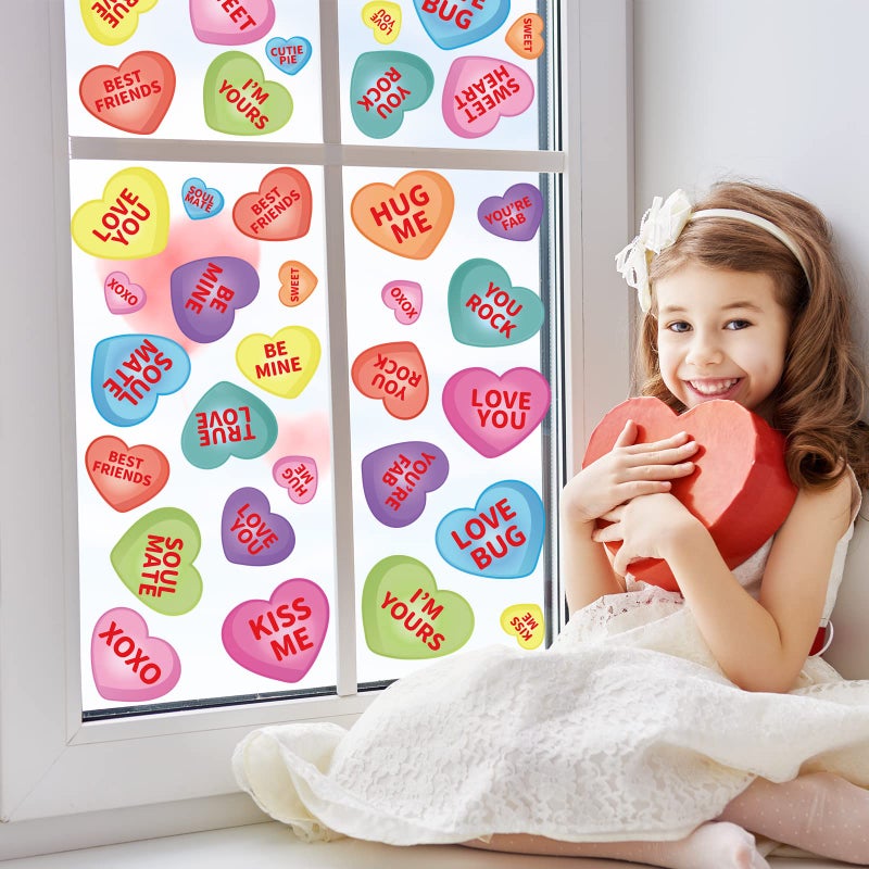 Whaline 9 Sheet Valentine's Day Window Clings Romantic Conversation Heart Window Decals Double-Sided Candy Heart Window Decor for Valentine's Day Home Office School Decor Party Supplies - Image 3