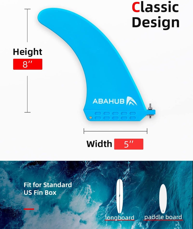 Abahub 8'' SUP Single Center Fin with 1 No Tool Fin Screw, Fiberglass Reinforeced 8 inch SUP Replacement Fins for Surfboard, Stand-up Paddle Board, Longboard, Black/Blue/White - Image 2