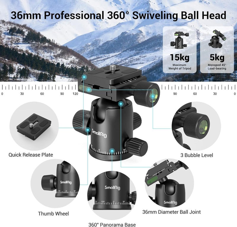SMALLRIG حامل كاميرا SmallRig CT-20، حامل ثلاثي قابل للطي من الألمنيوم بارتفاع 78.7" و monopod، رأس كروي قابل للفصل بزاوية 360°، قدرة تحميل 33 رطل (200 سم/78.7") - Image 3