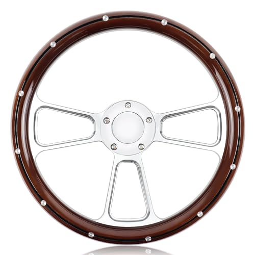 QYMOPAY 5 Holes 5 Bolts Steering Wheel, 14 inch Wooden Racing Steering Wheel, Grip with Rivets with HornButton, Car Interior Accessories, Car Modification Replacement Parts - Image 1