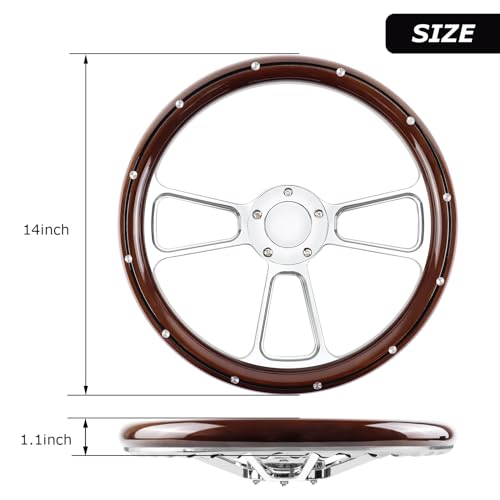 QYMOPAY 5 Holes 5 Bolts Steering Wheel, 14 inch Wooden Racing Steering Wheel, Grip with Rivets with HornButton, Car Interior Accessories, Car Modification Replacement Parts - Image 2