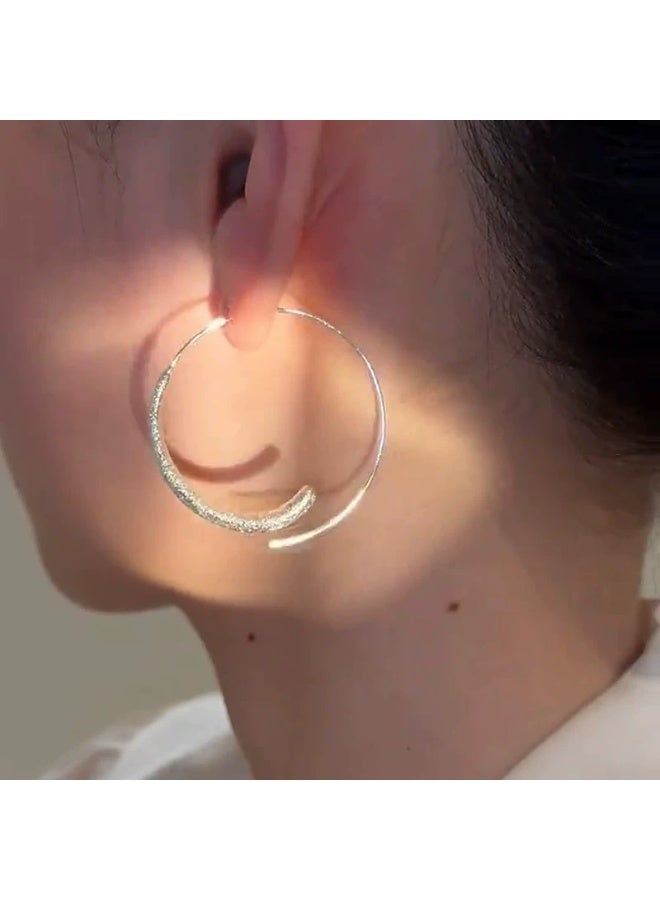 Brushed Texture Silver Large Hoop Earrings - Image 1