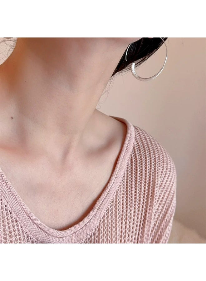 Brushed Texture Silver Large Hoop Earrings - Image 2