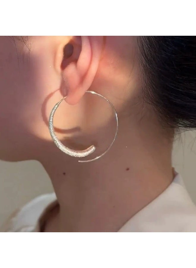 Brushed Texture Silver Large Hoop Earrings - Image 3