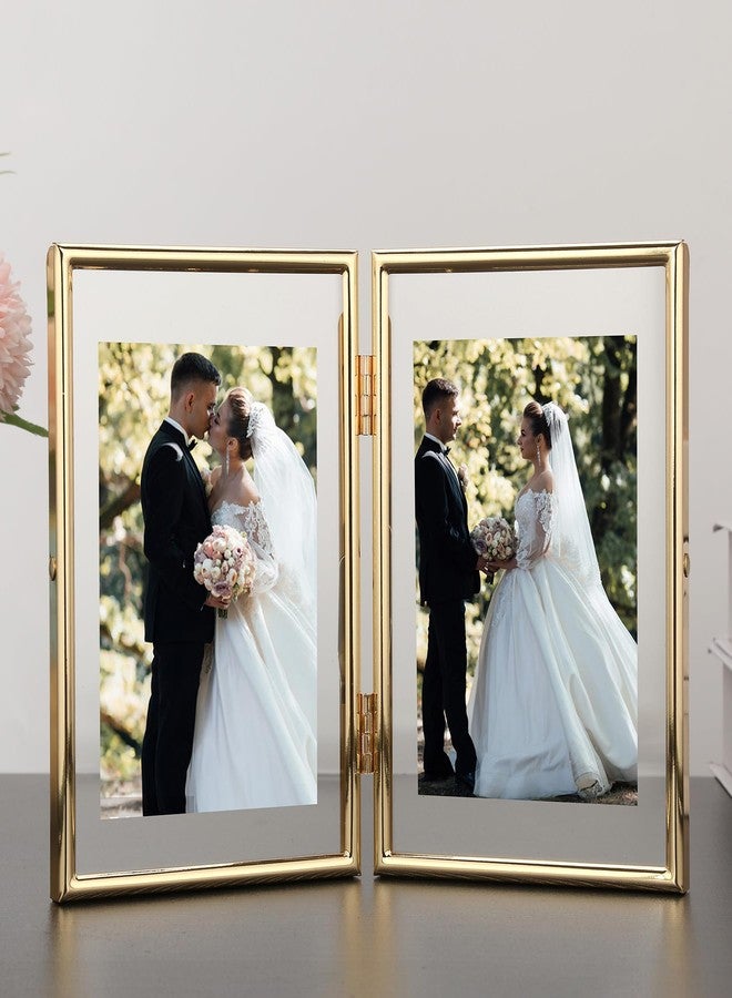 GorYeeFine إطار ذهبي مزدوج عائم مقاس 5×7 بوصة للصور مقاس 3.5×5 بوصة و4×6 بوصة، إطار معدني بحواف دائرية قابل للتعديل، إطار صور 4×6 بوصة يُوضع على الطاولة أو الرف، خيار هدية أنيق لحفلات الزفاف، وعيد الشكر، وعيد الميلاد، وأعياد الميلاد. - Image 2