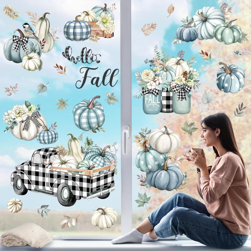 decalmile Woodland Animals Fall Pumpkin Window Clings Deer Fox Racoon Autumn Harvest Double Sided Window Decals Anti-Collision Window Stickers - Image 2