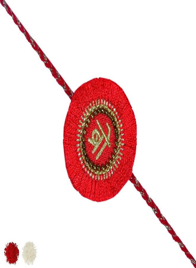 MASQ Traditional Handmade Rakhi for Brother – Red and Gold Embroidered Designer Rakhi with Roli, Tikka & Chawal | Luxury Raksha Bandhan Gift (Pack of 1) - Image 1