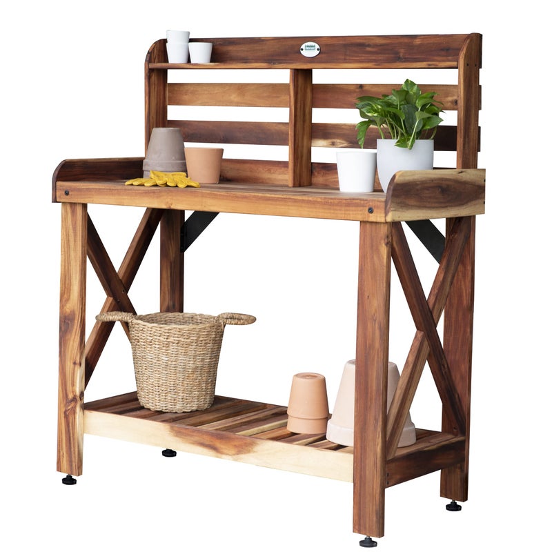 Backyard Discovery Backyard Discovery 47 Acacia Wood Garden Potting Bench  Serving Bar with Lower Storage Shelf Leveling Feet AllWeather Farmhouse Design for Patio Deck Porch Kitchen Dining Room