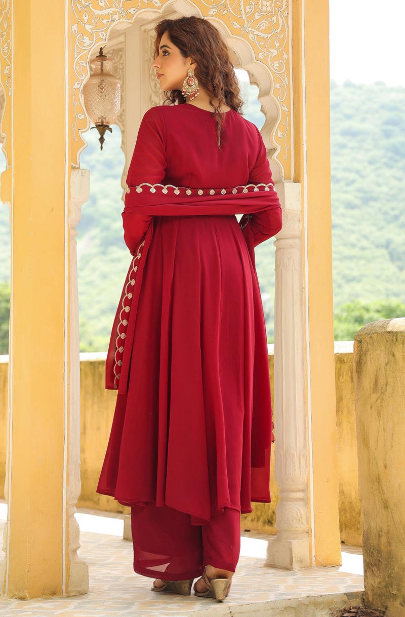Janasya Maroon Embroidered Kurta with Palazzo & Dupatta for Women Georgette Fabric Latest Fashion (JAB24ST00755-XXL) - Image 5