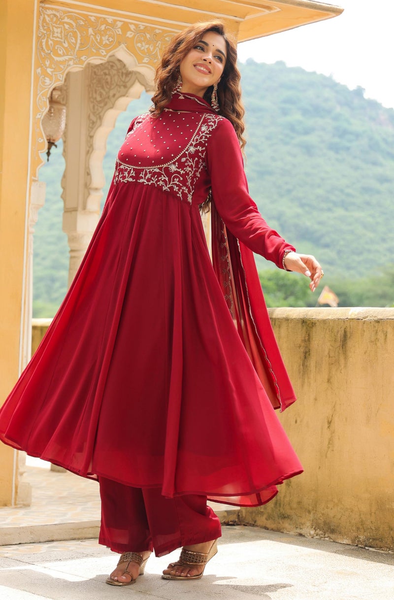Janasya Maroon Embroidered Kurta with Palazzo & Dupatta for Women Georgette Fabric Latest Fashion (JAB24ST00755-XXL) - Image 3