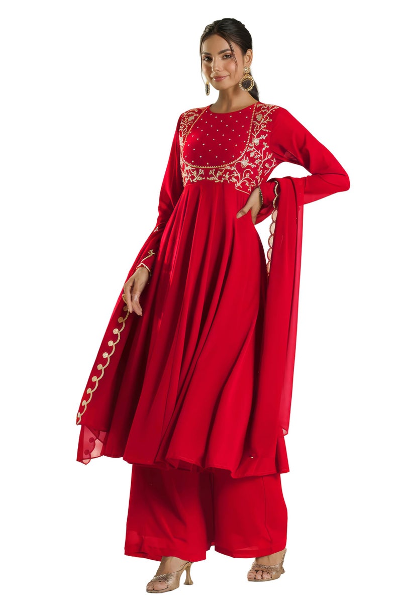 Janasya Maroon Embroidered Kurta with Palazzo & Dupatta for Women Georgette Fabric Latest Fashion (JAB24ST00755-XXL) - Image 1