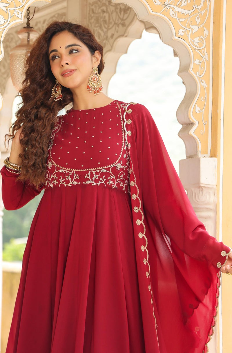 Janasya Maroon Embroidered Kurta with Palazzo & Dupatta for Women Georgette Fabric Latest Fashion (JAB24ST00755-XXL) - Image 2