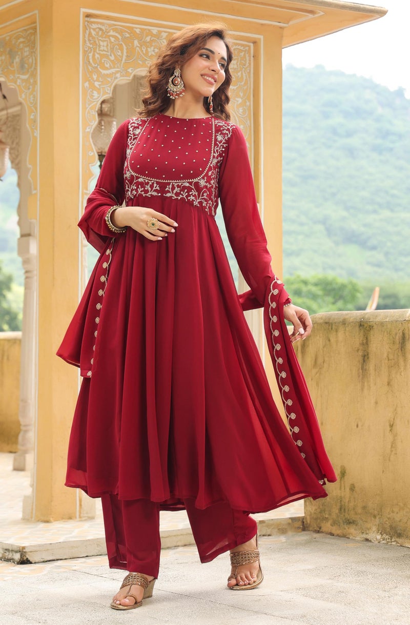 Janasya Maroon Embroidered Kurta with Palazzo & Dupatta for Women Georgette Fabric Latest Fashion (JAB24ST00755-XXL) - Image 4