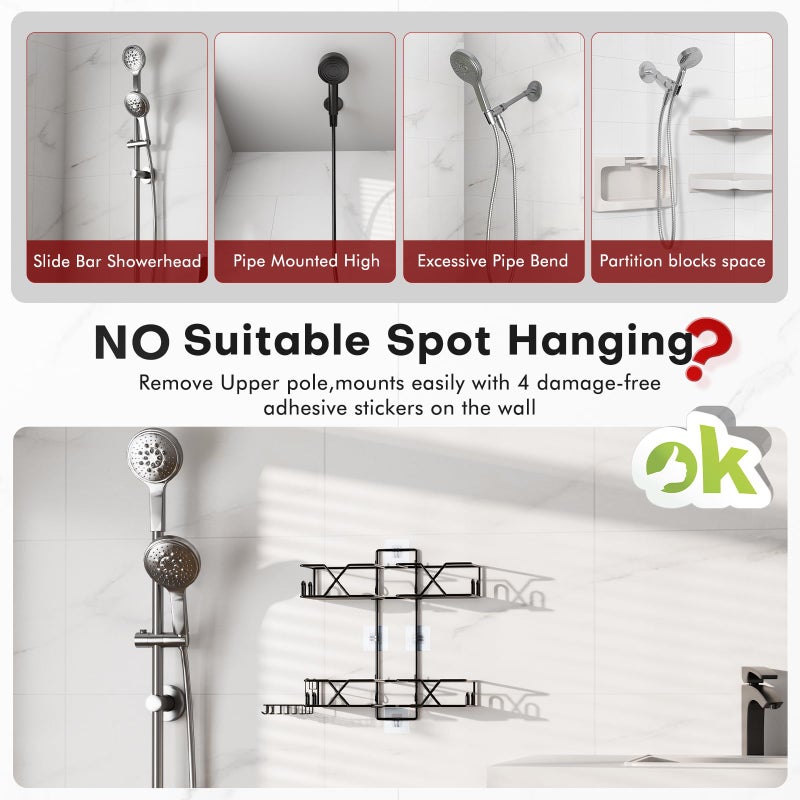 Sewulidon Stainless Steel Hanging Shower Caddy for Handheld Shower Heads,Adjustable Height Extra Long Bathroom Shower Organizer Hanger Rack with Hooks,Soap Holder - Image 3