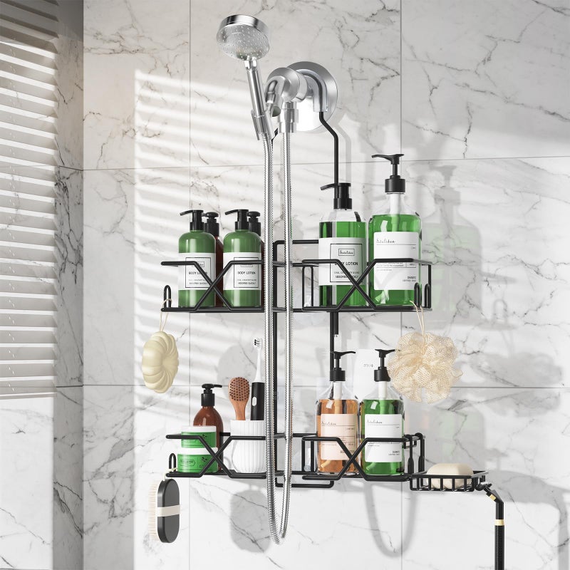 Sewulidon Stainless Steel Hanging Shower Caddy for Handheld Shower Heads,Adjustable Height Extra Long Bathroom Shower Organizer Hanger Rack with Hooks,Soap Holder - Image 1