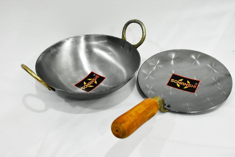 Sonanshi Sonanshi Combo of Iron/Loha/Lokhand White Kadhai (10 Inches) & Pure White Iron/Loha Roti/Chapati Tawa (9.5 Inches)  - Image 1