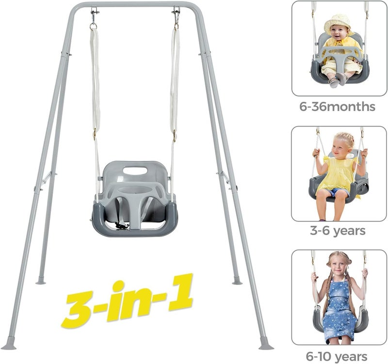 FUNLIO Toddler Swing with Foldable Metal Stand for Toddlers Aged 1~10 Years, 3-in-1 Baby Swing Set with 4 Sandbags for Backyard/Indoor/Outdoor Play, Easy to Assemble & Store, Grey - Image 2