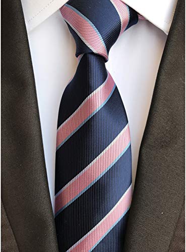 Elfeves Men's Pink and Navy BLUE Ties Striped Patterned Graduation Student Silk Neckties - Image 2