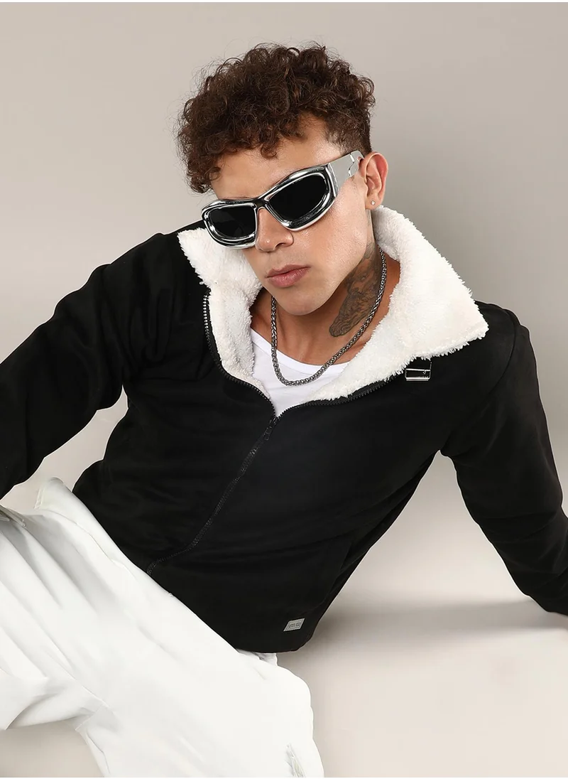 Campus Sutra Men's Obsidian Black Fur-Lined Suede Bomber Jacket