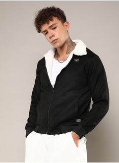 Campus Sutra Men's Obsidian Black Fur-Lined Suede Bomber Jacket  - Image 3