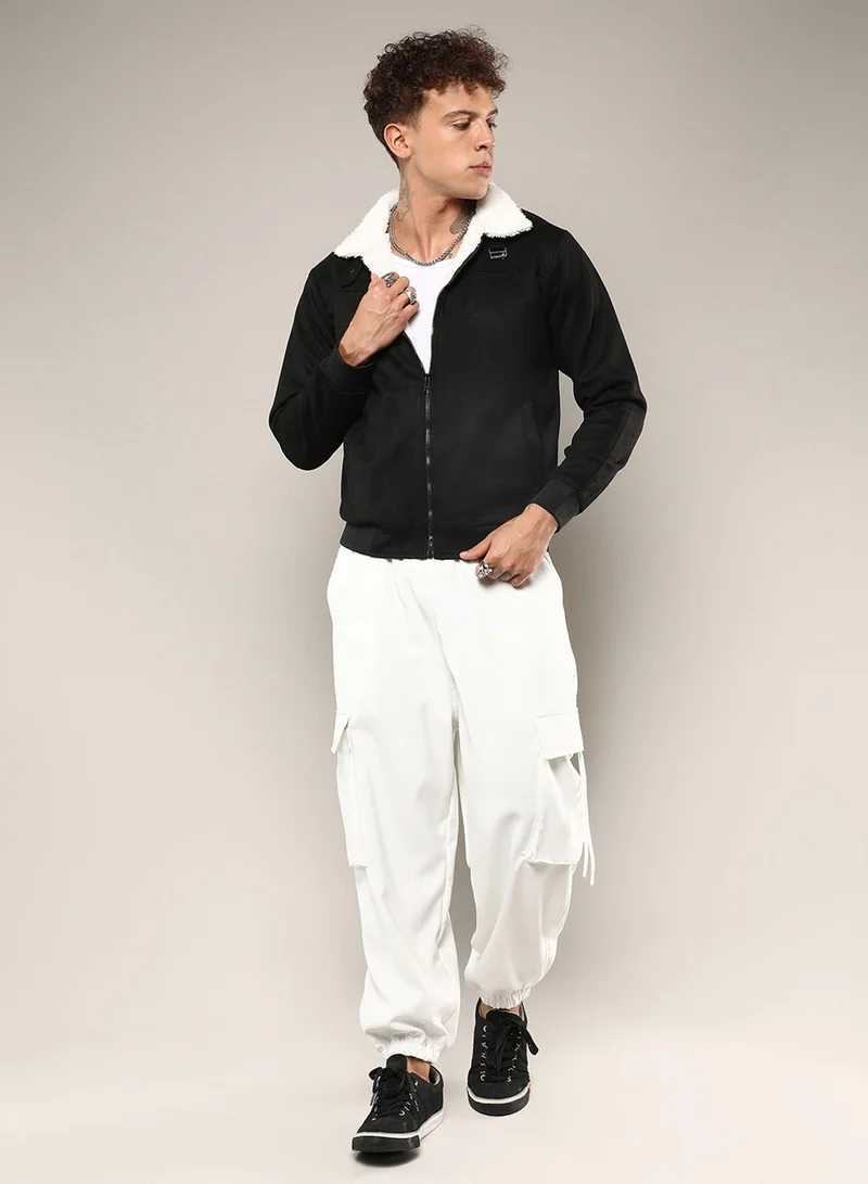 كامبوس سوترا Men's Obsidian Black Fur-Lined Suede Bomber Jacket
